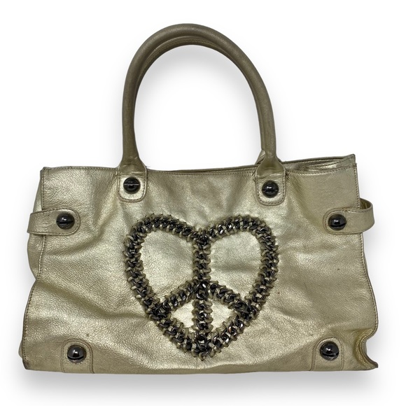 BETSEY JOHNSON Peace & Love Metallic Gold Cow Leather Large Handbag Shoulder Bag - Picture 1 of 15